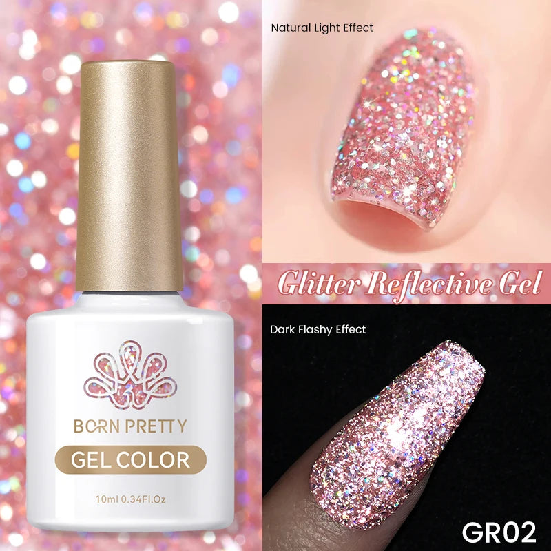 BORN PRETTY 10ml Sparkling Glitter Reflective Gel Nail Polish Sparkly Holo Shiny Pink Silver Black Gel Nail Art Salon Varnish