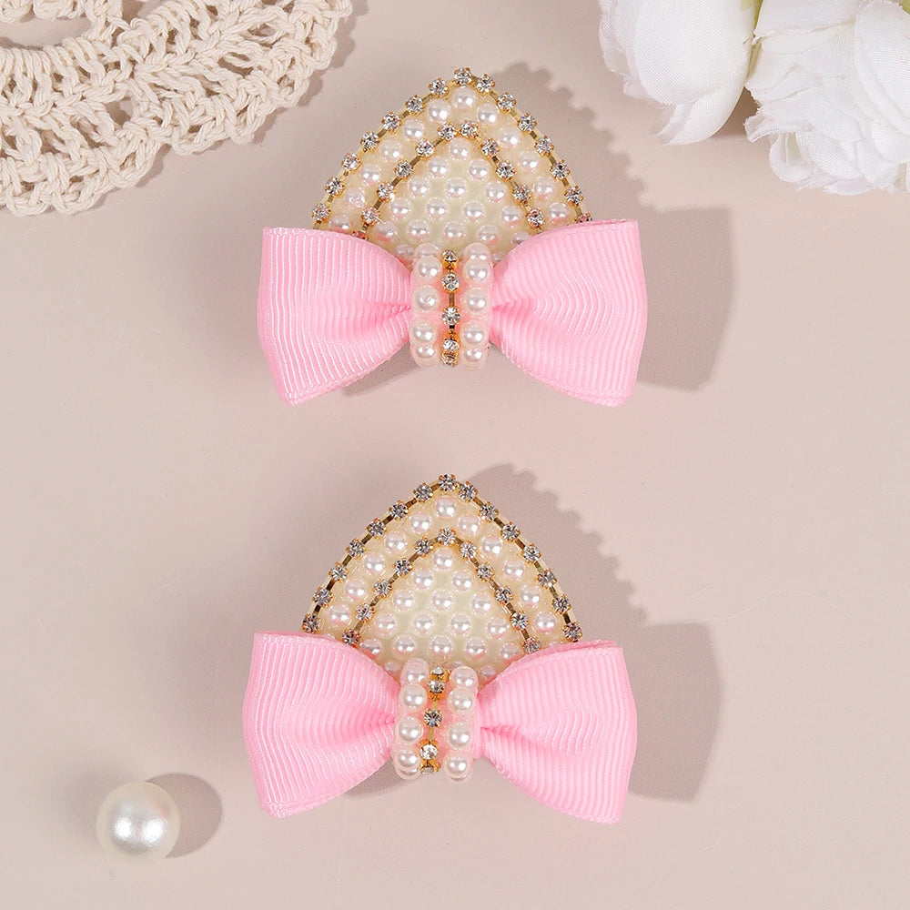 2Pcs Cat Ear Bow Hair Clips Elegant Pearls Rhinestone Hairpins Ribbon Barrette For Girls Children Headdress Hair Accessories