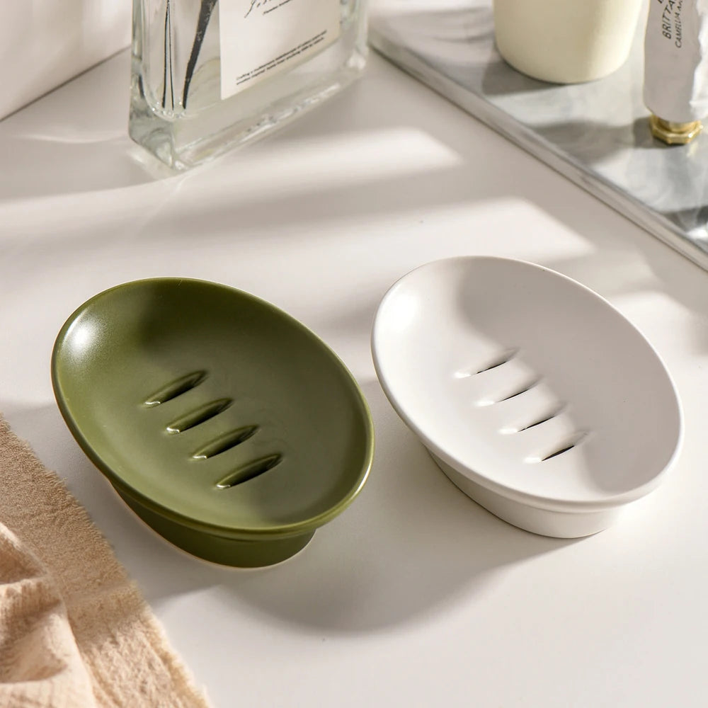 White Ceramic Soap Dish with Drainage Hole Oval Soap Holder Self Draining Soap Tray Bathroom Countertop Storage Organizer