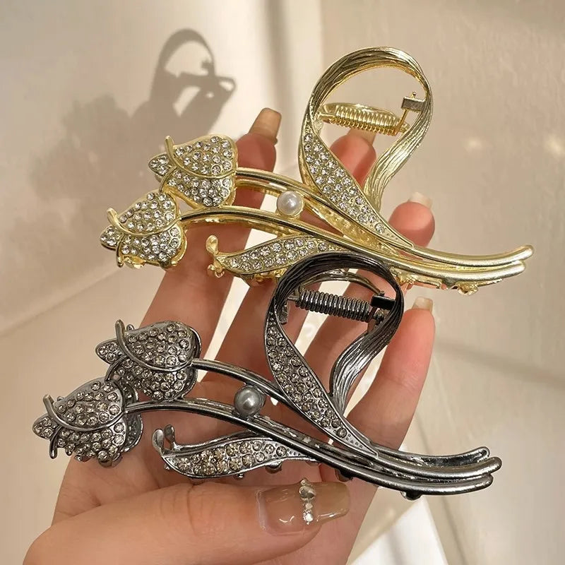 1pc Metal Tulip Shaped Hair Claws Clips With Rhinestone Faux Pearls Decor, Strong Hold Hair Clips For Thick Hair Ponytail Holder