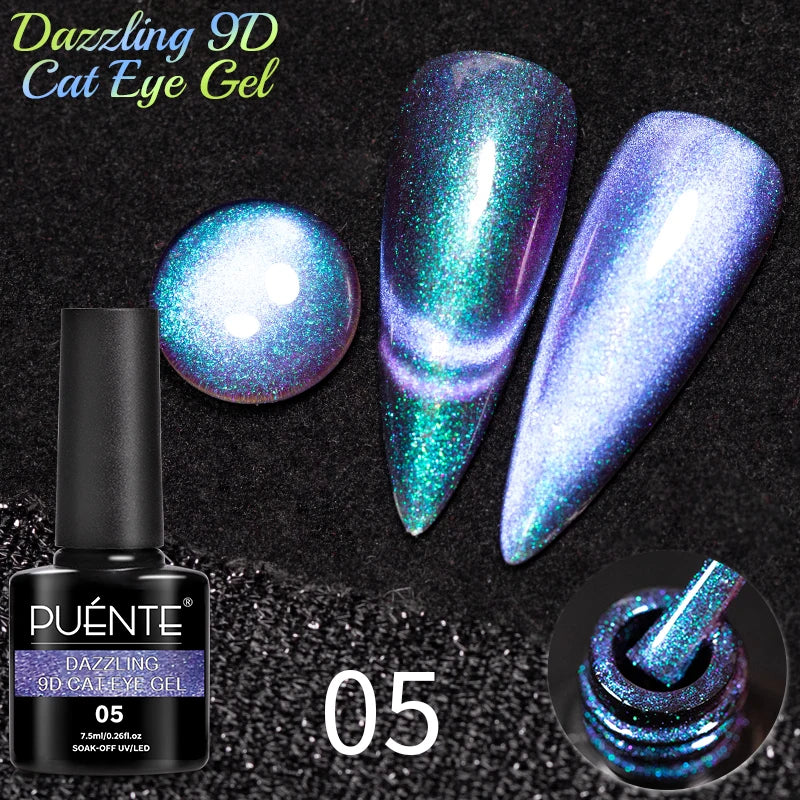 PUENTE 7.5ML Golden Gems Cat Magnetic Gel Nail Polish Pink Brown Blue Colors Golden Glitter Cat Eye Soak Off UV Nail Art Varnish
