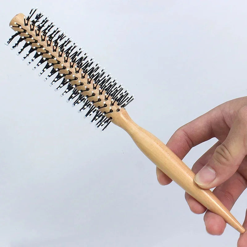 Mini Round Nylon Hairbrush Curly Hair Styling Comb Rolling Comb Round Brush for Thin or Short Hair Men with Wooden Handle