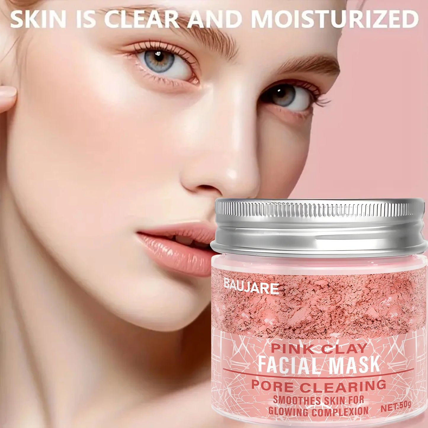 Pink Clay Facial Mask: Pore Clearing, Removes Dirt, Smooths Skin, With Collagen/Biotin for Glowing Complexion