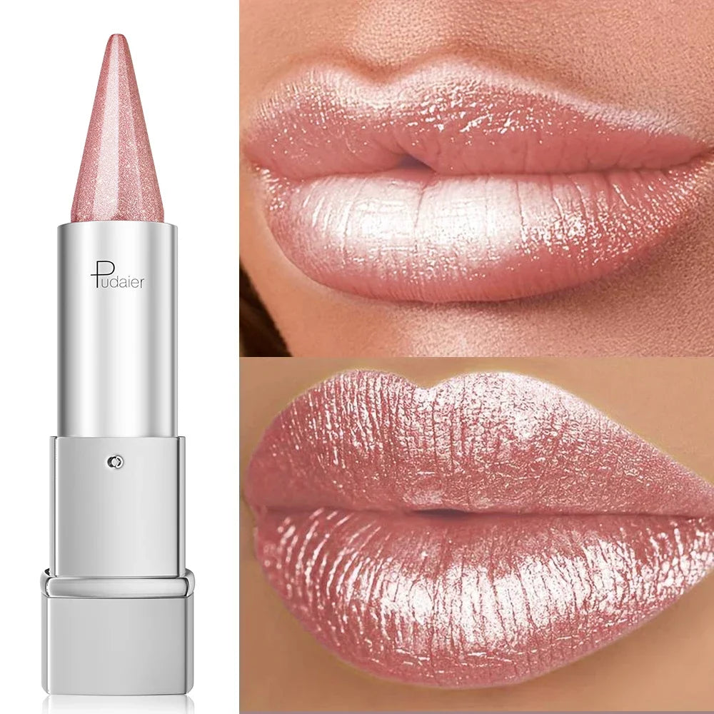 Waterproof Long Lasting Glitter Lipstick, Pearlescent Shiny Lip Color, Colorfast Non Fading Lip Makeup for Women
