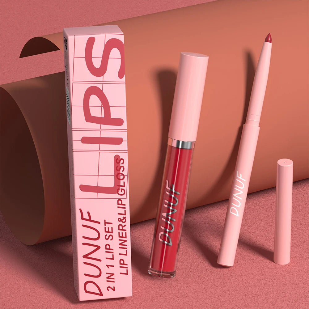 Matte Lip Gloss Lip Liner Set, 2pcs Waterproof Non-sticky Long-Lasting Lipstick, Nude Deep Red Mauve, Y2K Makeup Christmas Gift