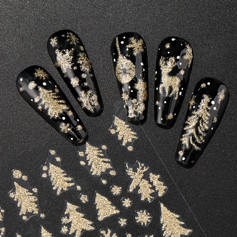 5pcs Sparkling Gold Glitter Christmas Nail Stickers Shiny Snowflake Xmas Tree Deer Polish Sliders Winter New Year Nail Art Decal