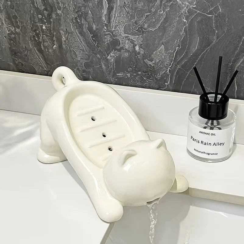Cute Cat Drain Soap Holder Container Smooth Plastic Toilet Soap Dish Case Tray Bathroom Accessories Washroom Tools Home Decor