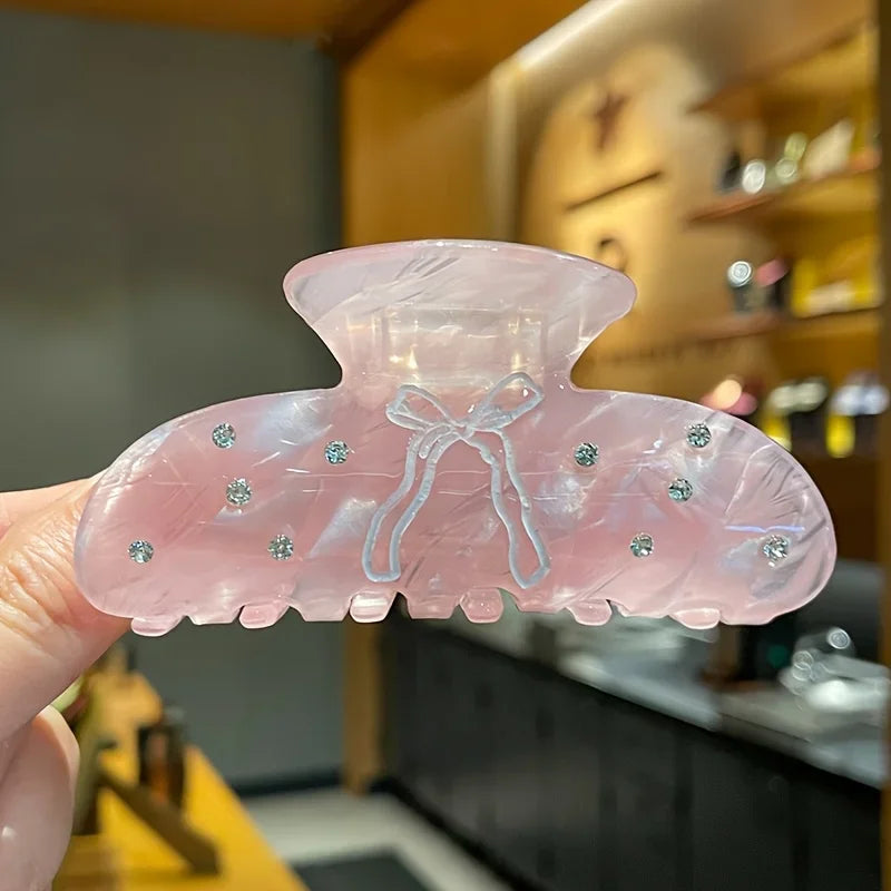 Elegant Acrylic Hair Claw Clip with Rhinestone Embellishments,Pink Bow Design,Anti-Slip Grip,Fashionable Daily Wear Accessory
