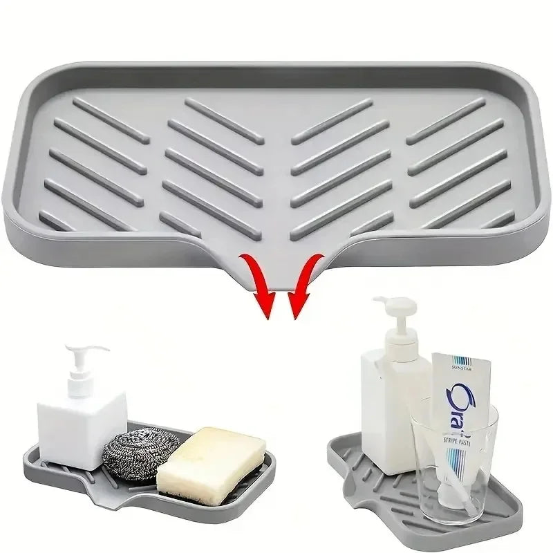 Self Draining Soap Bar Holder Silicone Kitchen Sink Soap Dish Sponge Tray Counter Caddy Organizer for Dish Soap Dispenser