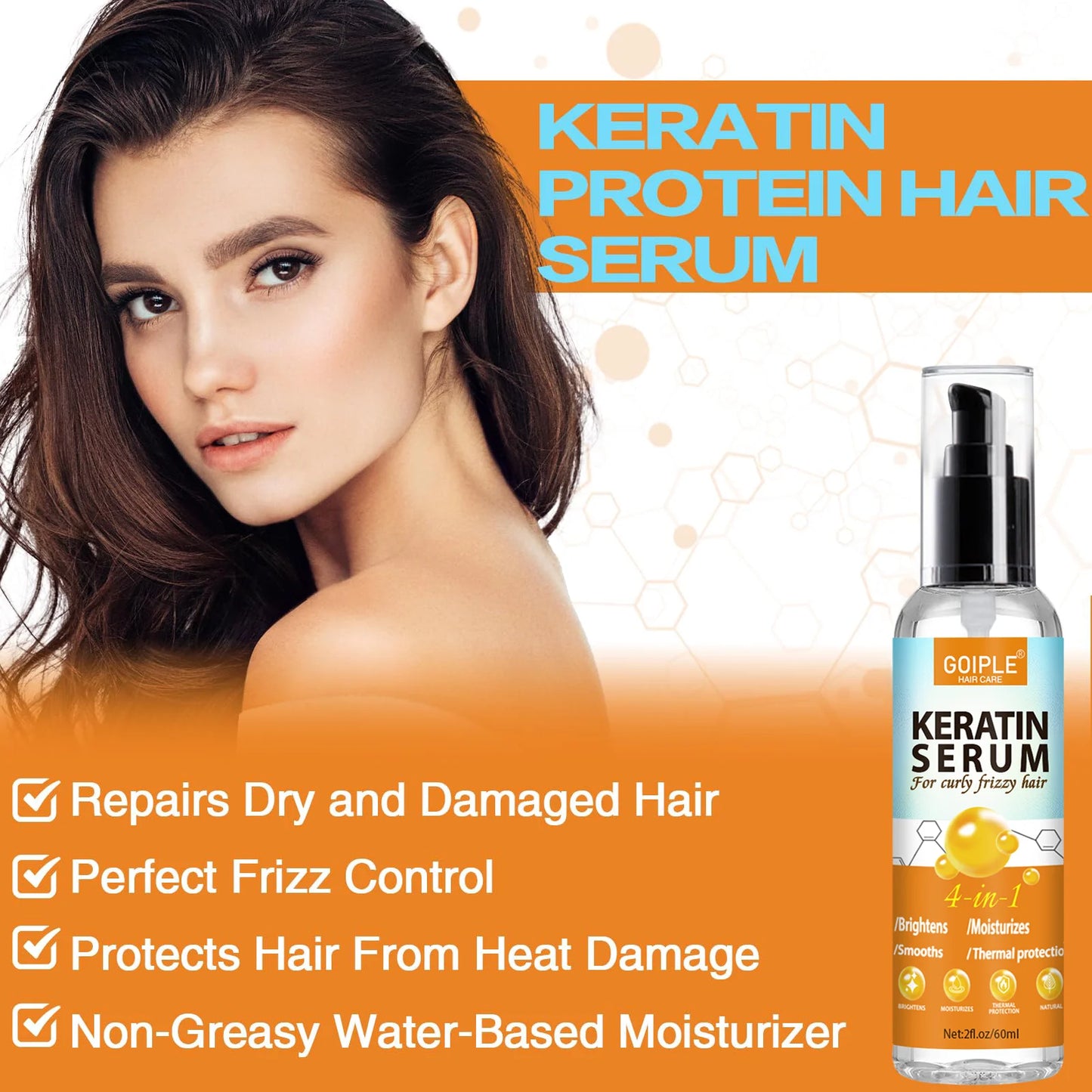 GOIPLE 4 in 1 Water-Based Keratin Serum Moisturizer Repair Dry Damaged Hair Smooth Control Frizz Oil Essence for Curly Frizzy