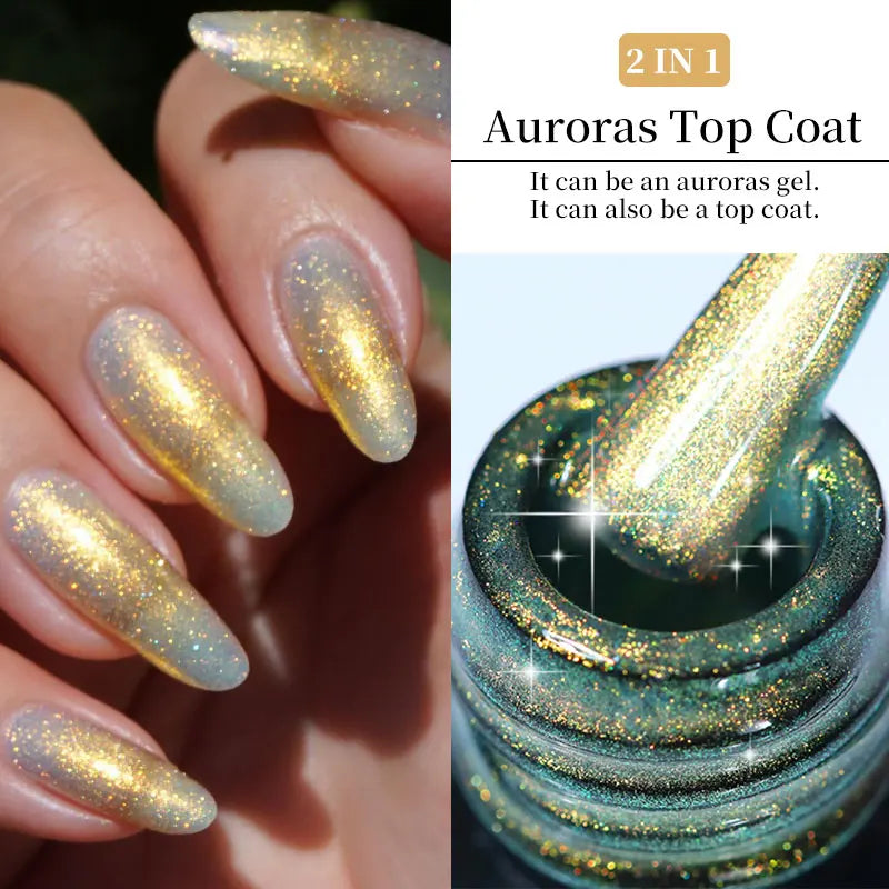LILYCUTE 7ML 2 IN 1 Auroras Top Coat Glitter Pink Purple Auroras Laser Gel Nail Polish DIY Semi Permanent Soak Off Nail Art