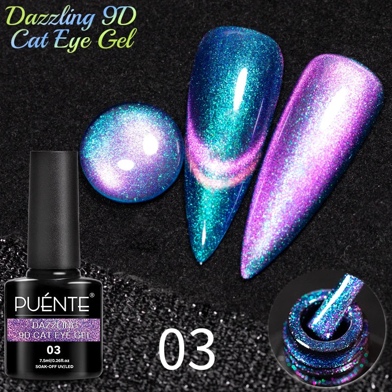 PUENTE 7.5ML Golden Gems Cat Magnetic Gel Nail Polish Pink Brown Blue Colors Golden Glitter Cat Eye Soak Off UV Nail Art Varnish