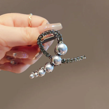 Temperament Pearls Rhinestone Geometric Cross Hair Claw High-end Women's Back of Head Half-tied Hair Grip Korean Style Hairpin