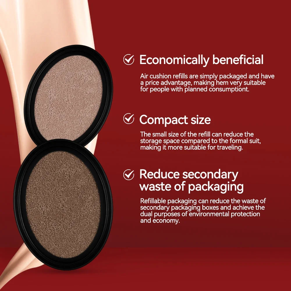 Cushion Refill Foundation Waterproof Semi-Matte Red Finish 72-Hour Wear Long-Lasting Buildable Coverage Sun Protection Makeup