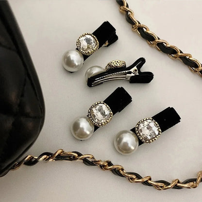 2/4pcs Pearl small fragrance side clip headpiece for women, exquisite black velvet bangs hair clip, retro new high-end clip