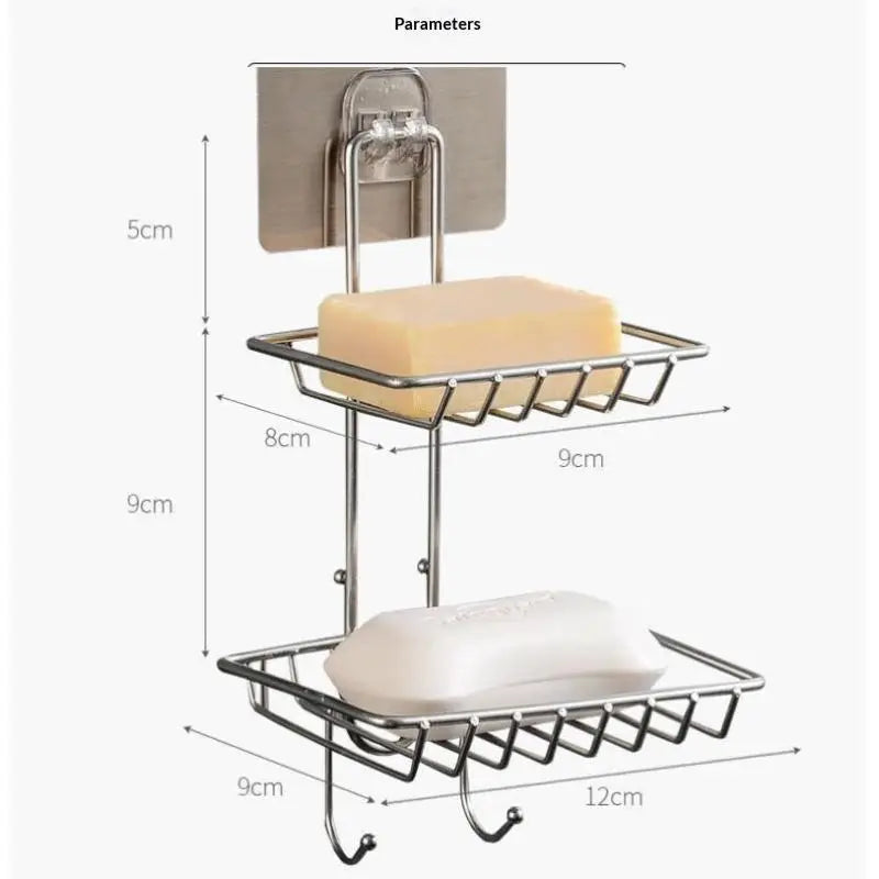 [SU]Stainless Steel Double Tier Draining Soap Dish Holder No Drill Wall Mounted Soap Rack Bathroom Shower Storage Organizer[SU]