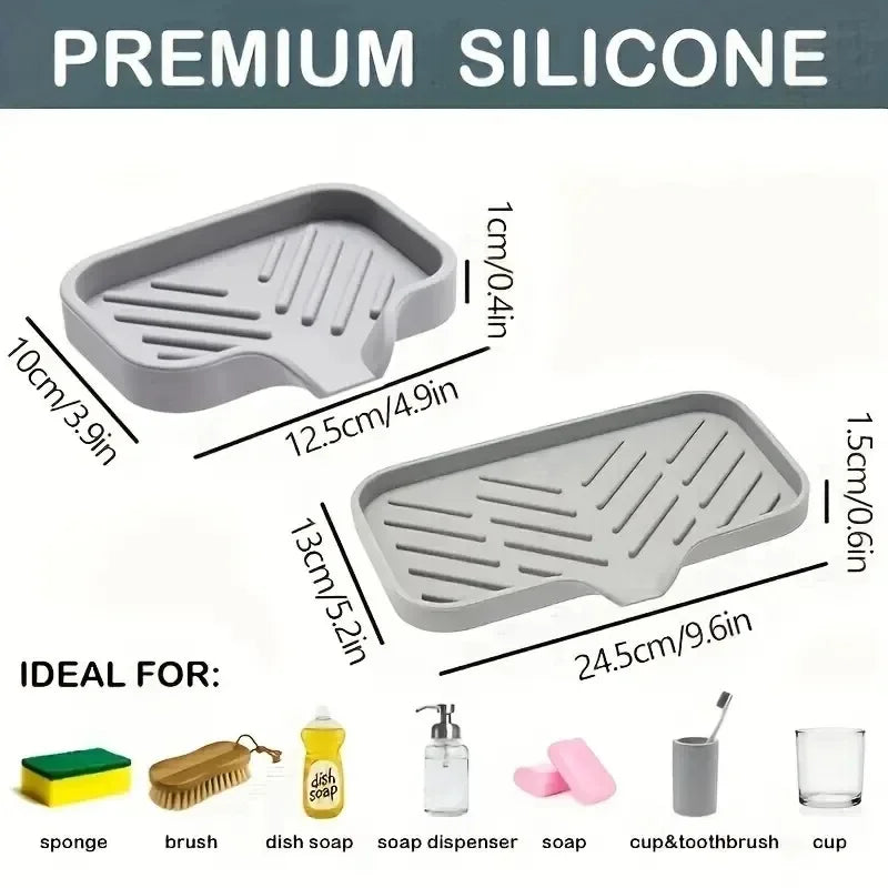 Self Draining Soap Bar Holder Silicone Kitchen Sink Soap Dish Sponge Tray Counter Caddy Organizer for Dish Soap Dispenser