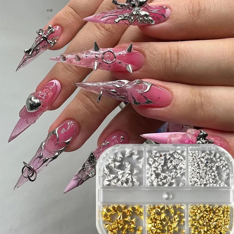 6 Grids Y2K Punk Metal Rivet Nail Charms Cone Mixed Sized Black Silver Gold Nail Art Studs 3D Stylish Alloy Spike Nails tool