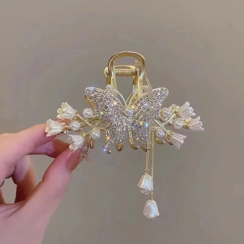 Rhinestone Tassel Hair Claw Golden Bow Flower Hair Clip Hairpin For Women Elegant Ponytail Fashion Hair Accessories