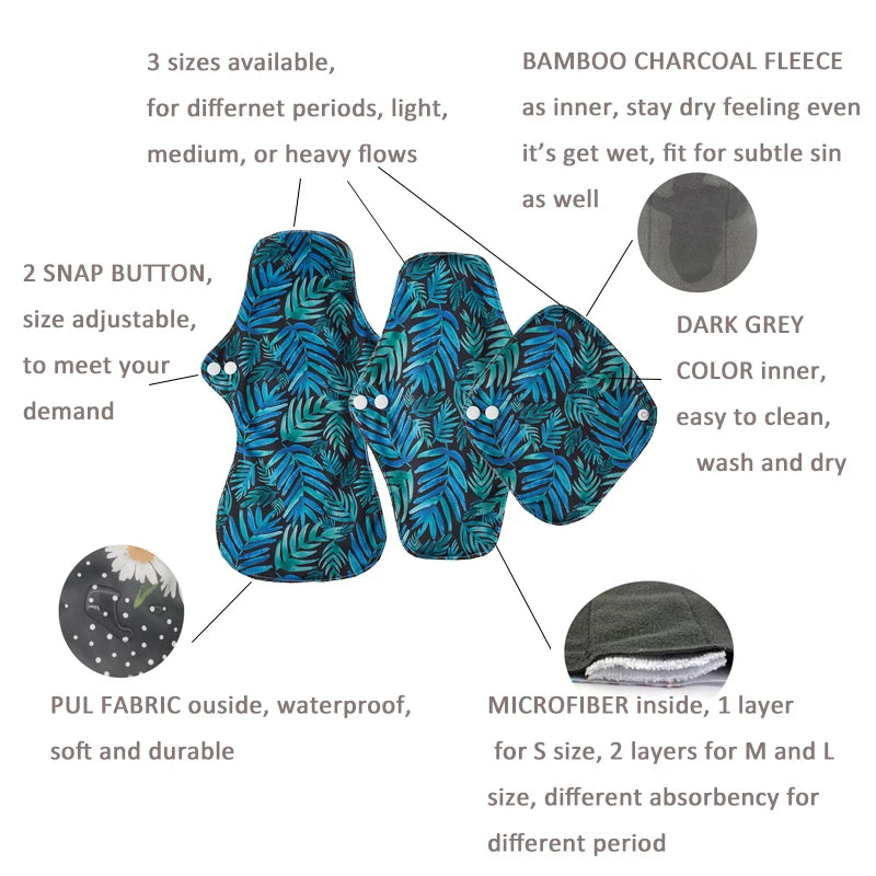 5PCS Small Medium Large Different Period Time Bamboo Reusable Menstrual Pads Washable Sanitary Towels for Lady Women Daily Night