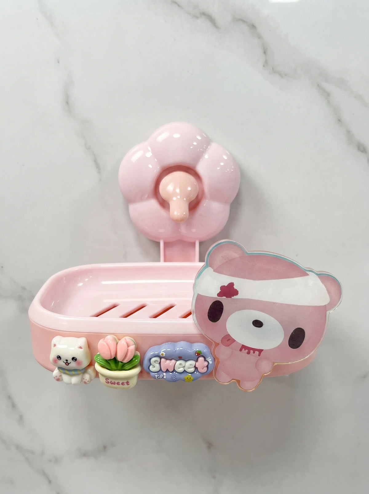 Cute Cartoon Bear Cat Tulip Adhesive Soap Box No Drill Glue Mount Drain Soap Holder Bathroom Wall Soap Dish