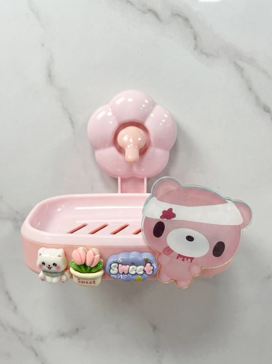 Cute Cartoon Bear Cat Tulip Adhesive Soap Box No Drill Glue Mount Drain Soap Holder Bathroom Wall Soap Dish