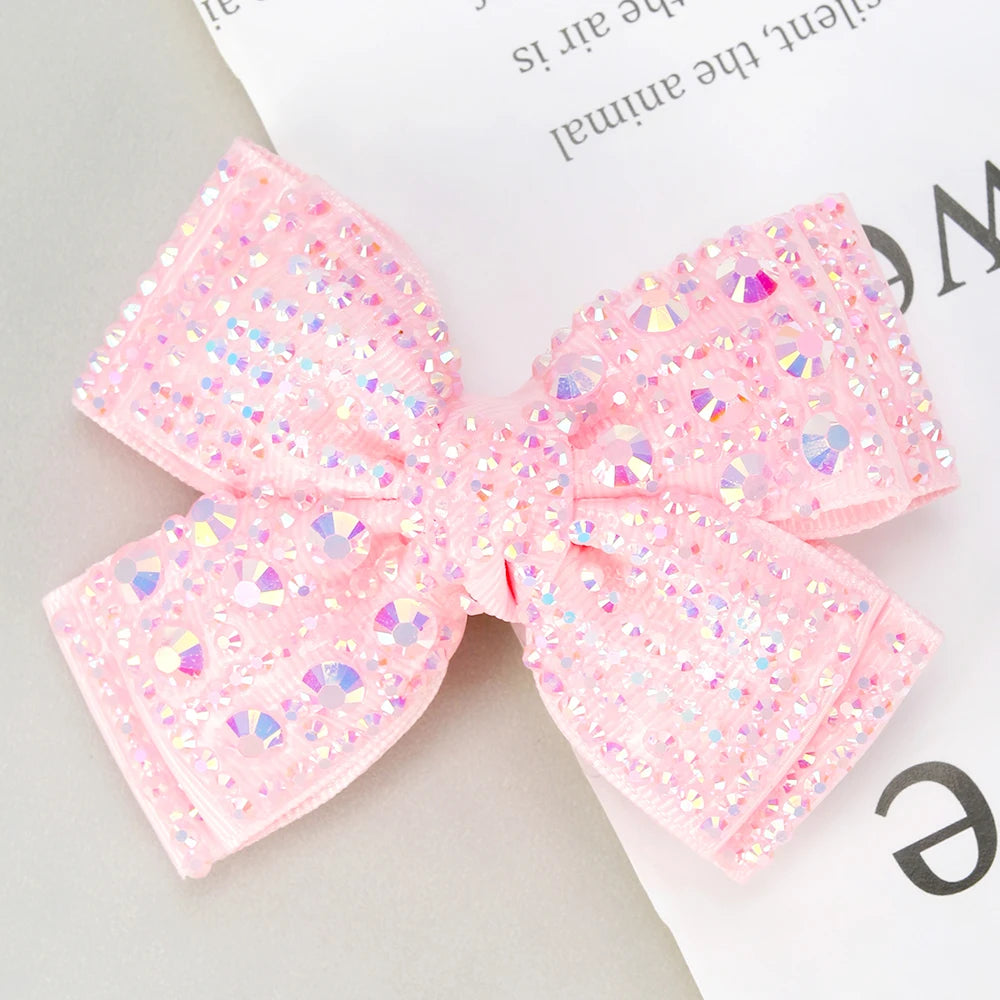 Rhinestone Bow Hair Clips Sweet Ribbon Barrette Baby Girls Sparkling Crystal Hairpins For  Children Kids Headwear Accessories