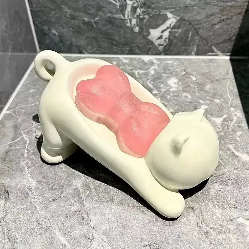 Decorative Plastic Soap Holder with Drainage, Cute Cartoon Cat Soap Dish for Bathroom, Ideal Storage for Soap and Sponges