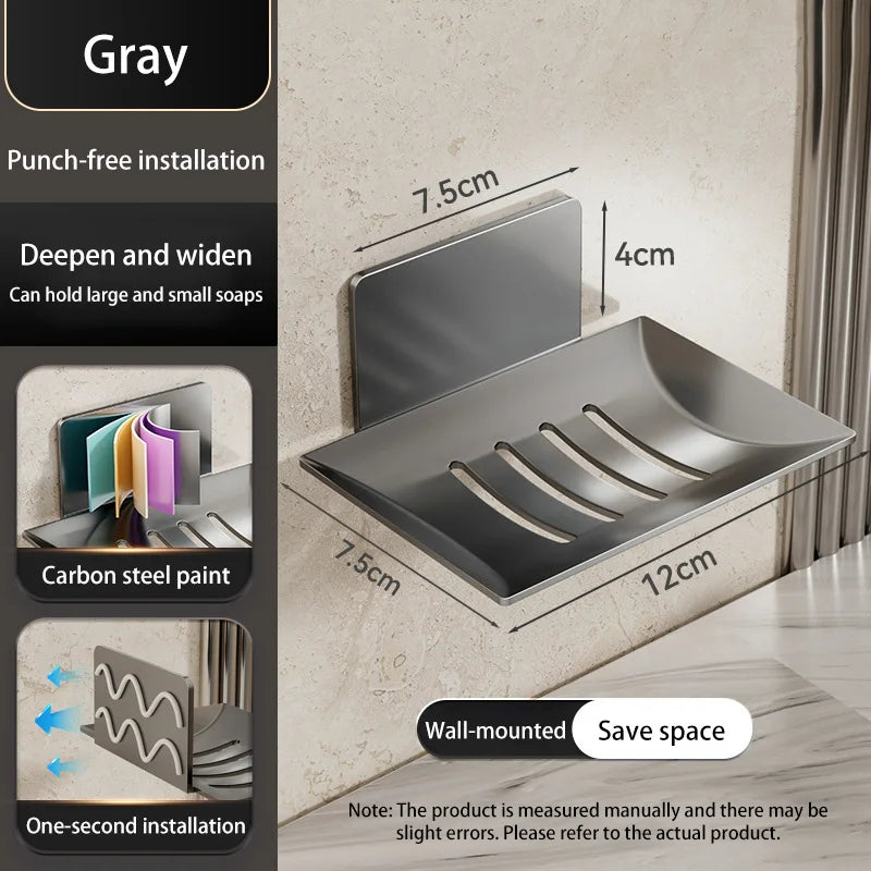 Carbon Steel Wall Mounted Soap Holder No Drilling Bathroom Soap Dish Storage Rack Self-Adhesive Soap Box for Shower Bathroom