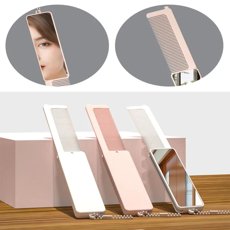 1pc Mini Folding Massage Comb Head Massager Anti-Static Portable Travel Hair Brush Girl Hair Combs with Mirror One Piece Combs