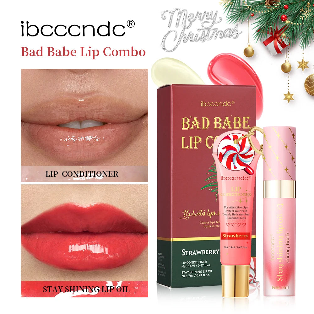 Lip Combo 2pcs Strawberry Moisturizing Lip Gloss&Lip Oil Nourishing Liquid Balm Christmas Makeup Gift Set for Women Lip Gloss