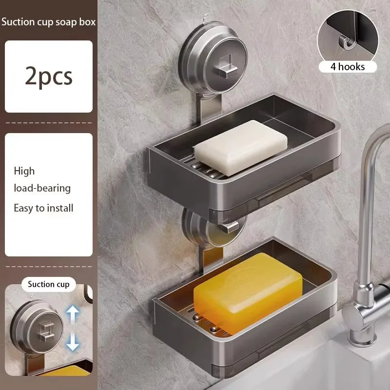 Soap Box Wall Mounted Suction Cup Aluminum Drain Rack For Bathroom Washroom Toilet Vanity Countertop Storage Organizer Soap Box