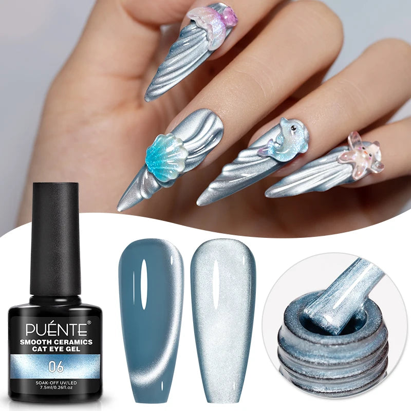 PUENTE 7.5ML Vibrant Blue Cat Eye Gel Nail Polish High Glossy Long-Lasting Soak Off UV Semi-Permanent Nail Art Varnish Manicure