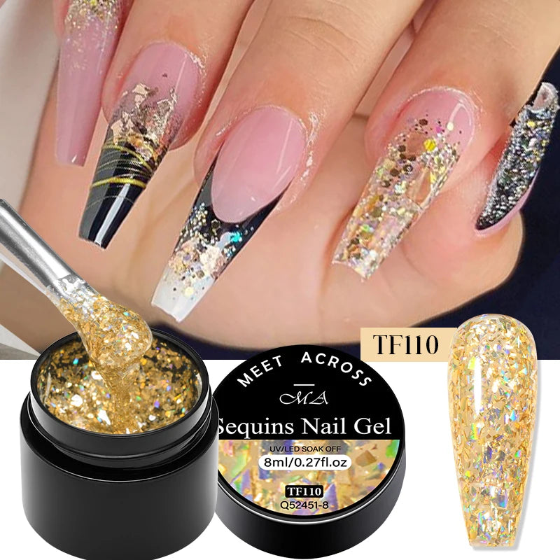 MEET ACROSS 8ml Pink Glitter Sequins Gel Nail Polish Shiny Sparkling Platinum Semi Permanant Soak Off Nail Art Varnish Manicure