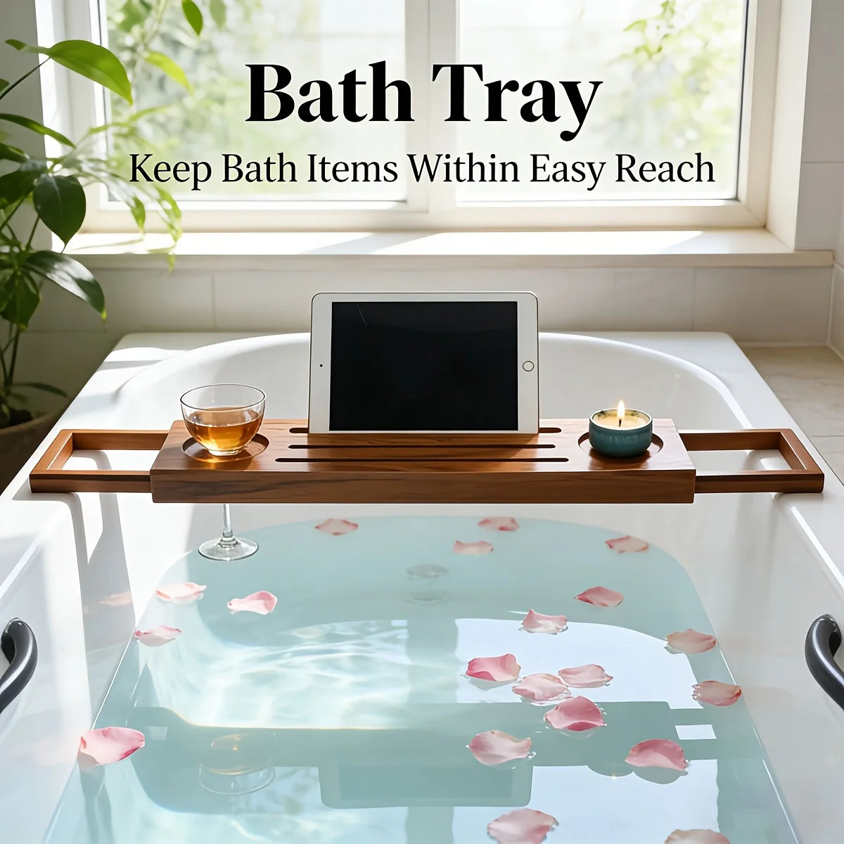 Bamboo Bathtub Tray Expandable Anti-Slip with Wine Holder Phone Slot Bookrest
