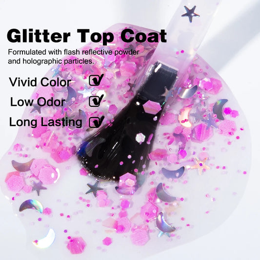 KODIES GEL Glitter Top Coat Gel Nail Polish 2 In 1 Semi Permanent  UV Stars Moon Halo Top Coat No Wipe Manicure Nail Art Sealer