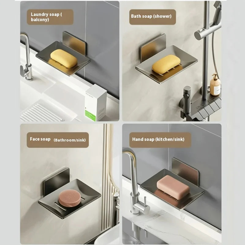2-Pack - No-Drill Wall-Mounted Soap Holder, Draining Soap Rack, Carbon Steel Soap Storage Rack, Bathroom Soap Storage Box, Bathroom Accessories - with Nail-Free Adhesive and Auxiliary Stickers