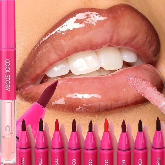 2 in 1 Matte Lip Liner Mirror Lip Gloss Waterproof Plumping Stain Hydrating Shiny Transparent Lip Oil Jelly Lips Contour Makeup