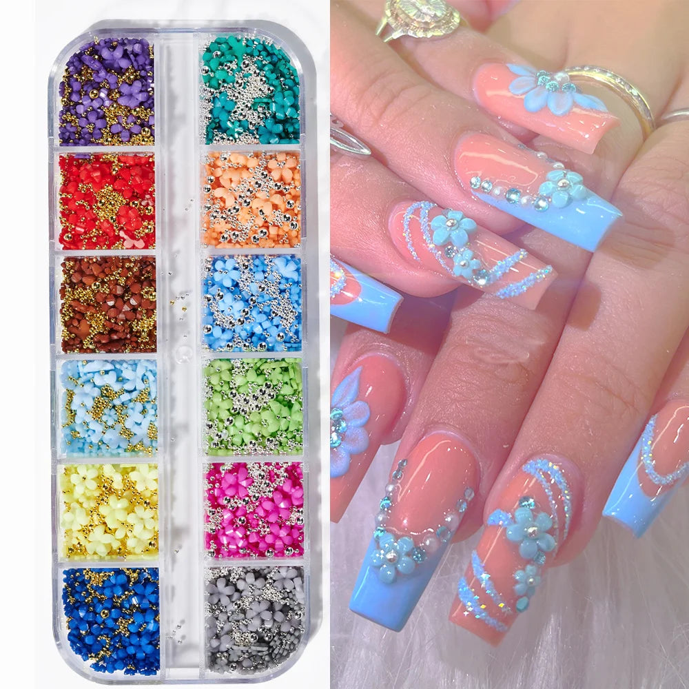 12Grids/Box Five-Petal Flower/Steel Beads Nail Art Charms Mixed-Size Flowers Gold/Silver Ball Rhinestones DIY Manicure Diamonds