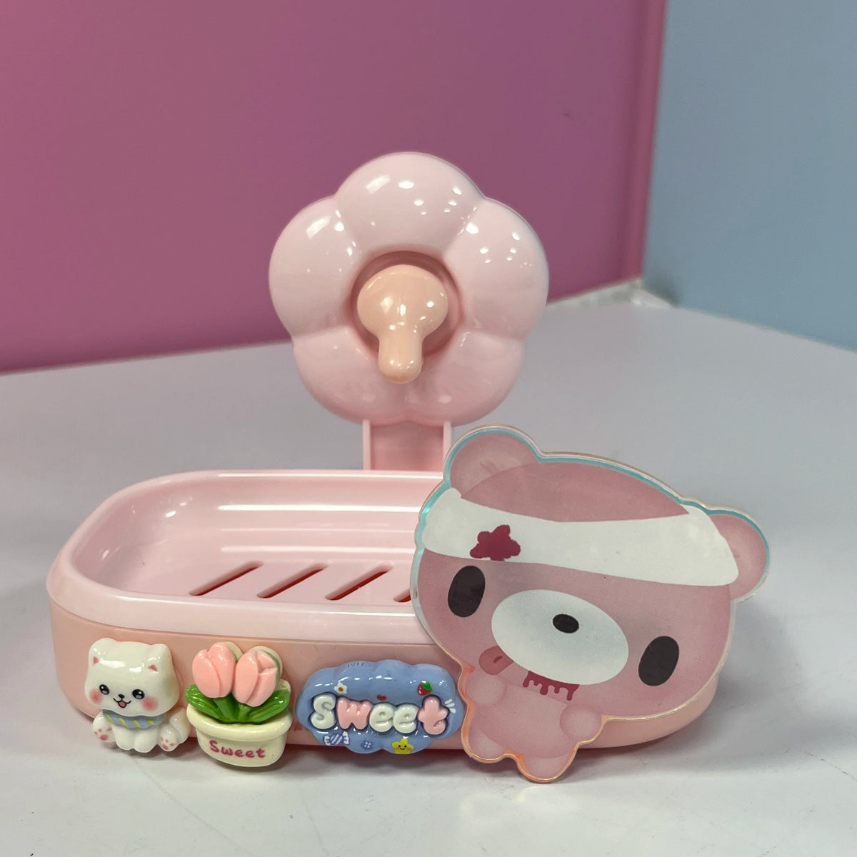 Cute Cartoon Bear Cat Tulip Adhesive Soap Box No Drill Glue Mount Drain Soap Holder Bathroom Wall Soap Dish