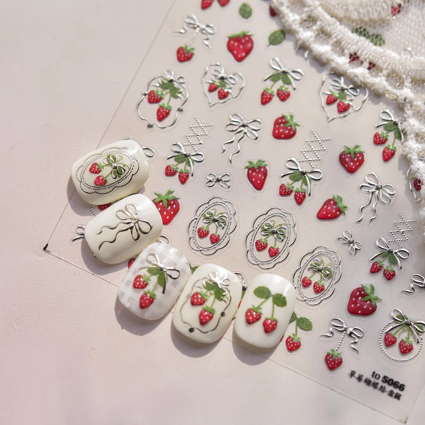 Lovely Red Fruit Strawberry Cherry Bowknot Love Heart Star Silk Ribbon 5D Nail Art Stickers Chic Self Adhesive Manicure Decal