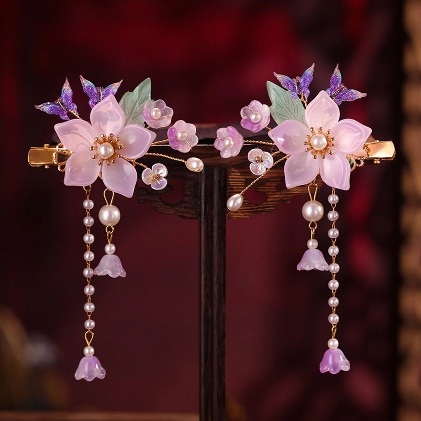 2pcs Chinese Hanfu Hair Clips Hairpins Flower Girls Pink Barretes Crystal Tassel Children Hair Accessories Jewelry Headwear