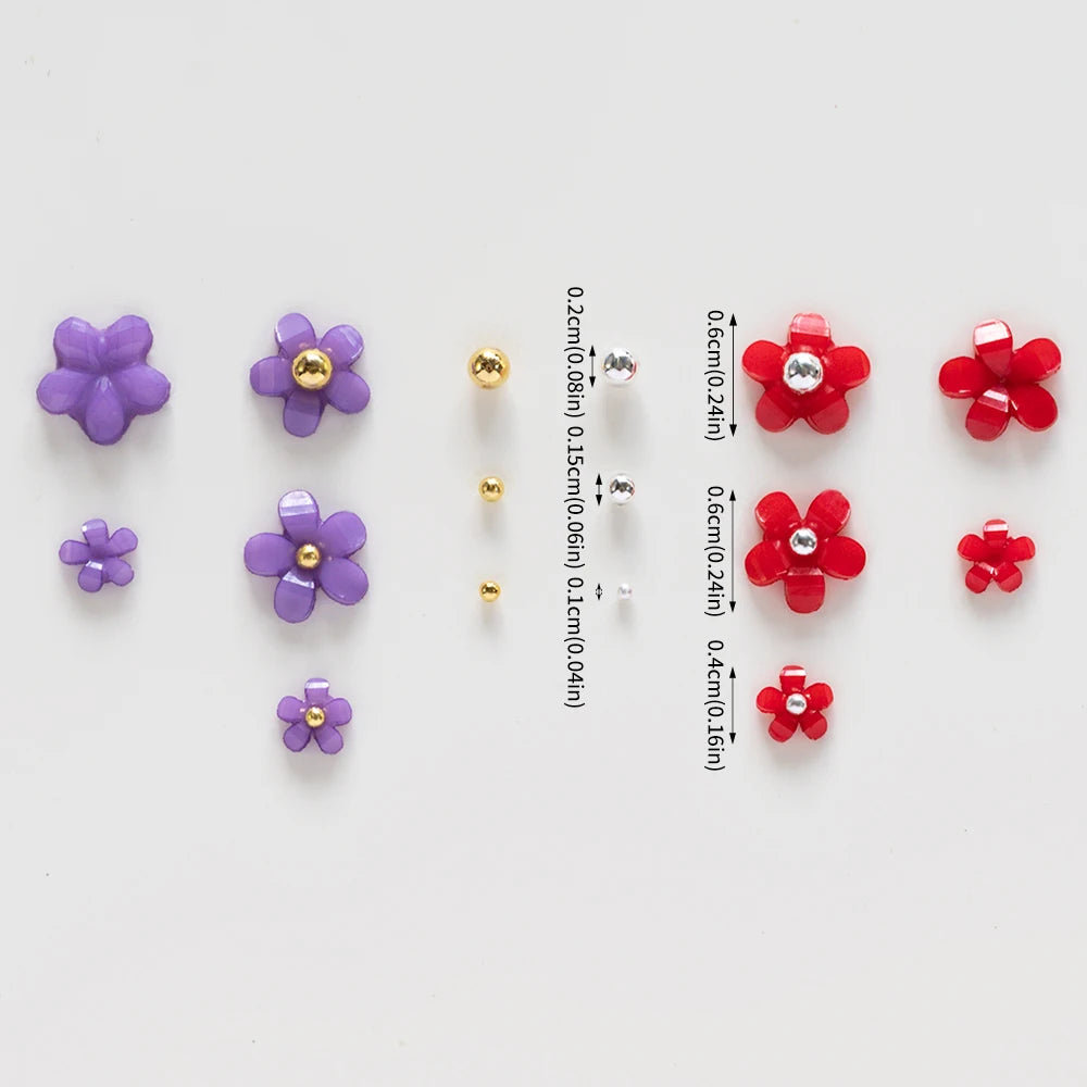 12Grids/Box Five-Petal Flower/Steel Beads Nail Art Charms Mixed-Size Flowers Gold/Silver Ball Rhinestones DIY Manicure Diamonds