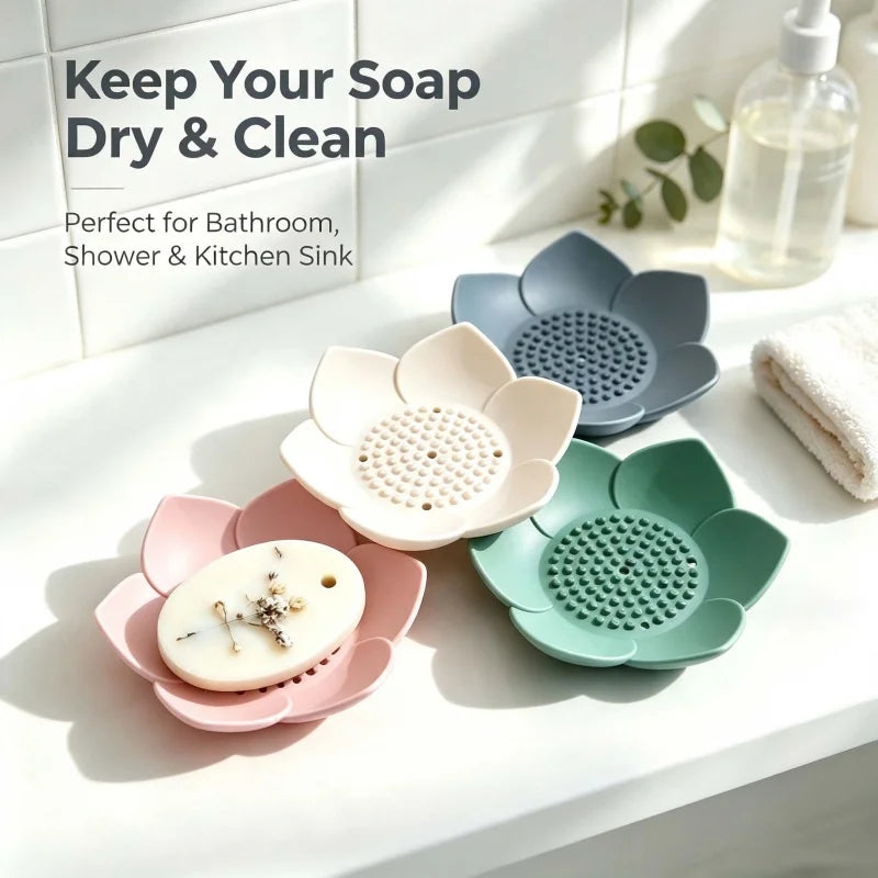 2Pcs Lotus Design Silicone Soap Holder with Drain, Drainage Soap Box, Portable Bathroom Shower Soap Storage Accessory