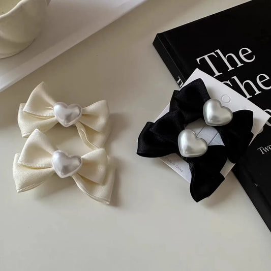 2pc Cute Simple Retro Bow with Pearl Hairpin Solid Color Vintage Hair Side Clips Accessory for Women Girls