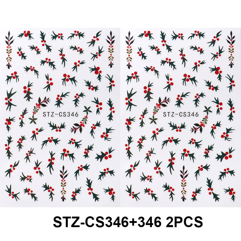 2pcs Christmas Holly Nail Art Stickers Xmas Flower Leaf Designs Jolly New Year Winter Adhesive Decals Sliders Decoration