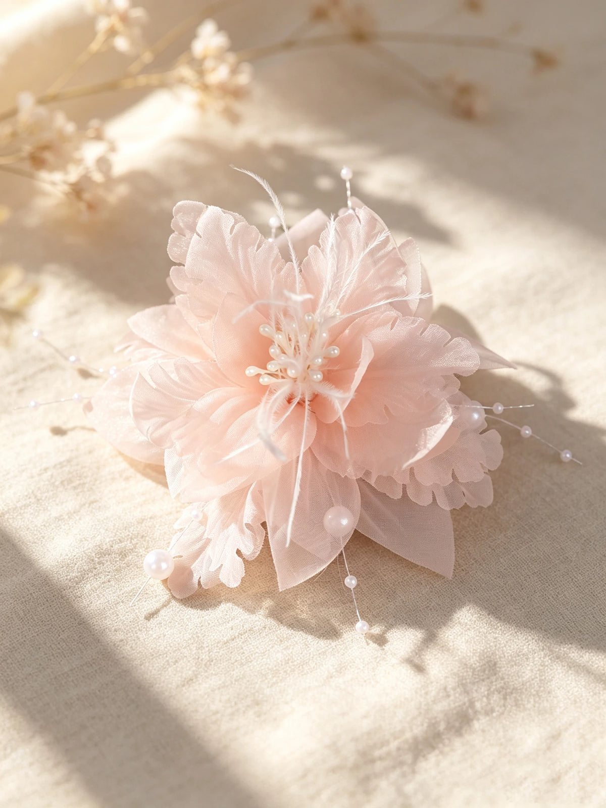 Nude Pink Fabric Flower Hairpin with Pearl Feather Edge Clip, Bridal Wedding Dress Hair Accessory, Bridesmaid Dress Photo Shoot Fairy-Like Side Hair Ornament