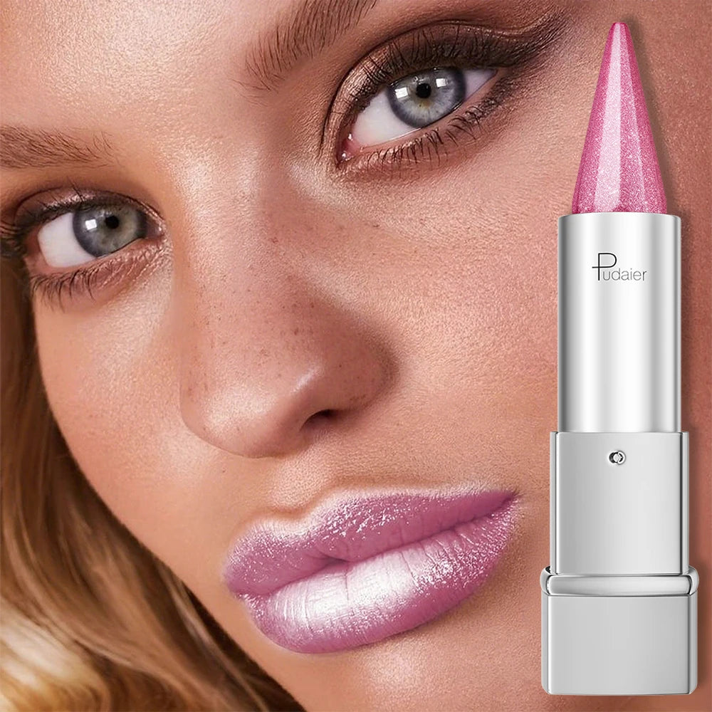 Waterproof Long Lasting Glitter Lipstick, Pearlescent Shiny Lip Color, Colorfast Non Fading Lip Makeup for Women