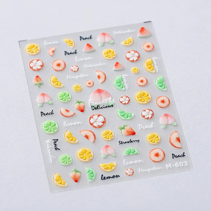 Lovely Red Fruit Strawberry Cherry Bowknot Love Heart Star Silk Ribbon 5D Nail Art Stickers Chic Self Adhesive Manicure Decal