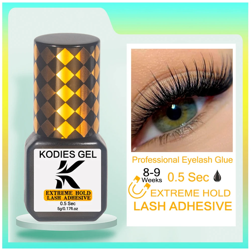 KODIES GEL Extreme Hold Eyelash Glue Professional Lash Glue Extensions Supplies 0.5 Sec Black 8-9 Week Retention Adhesive Bonder